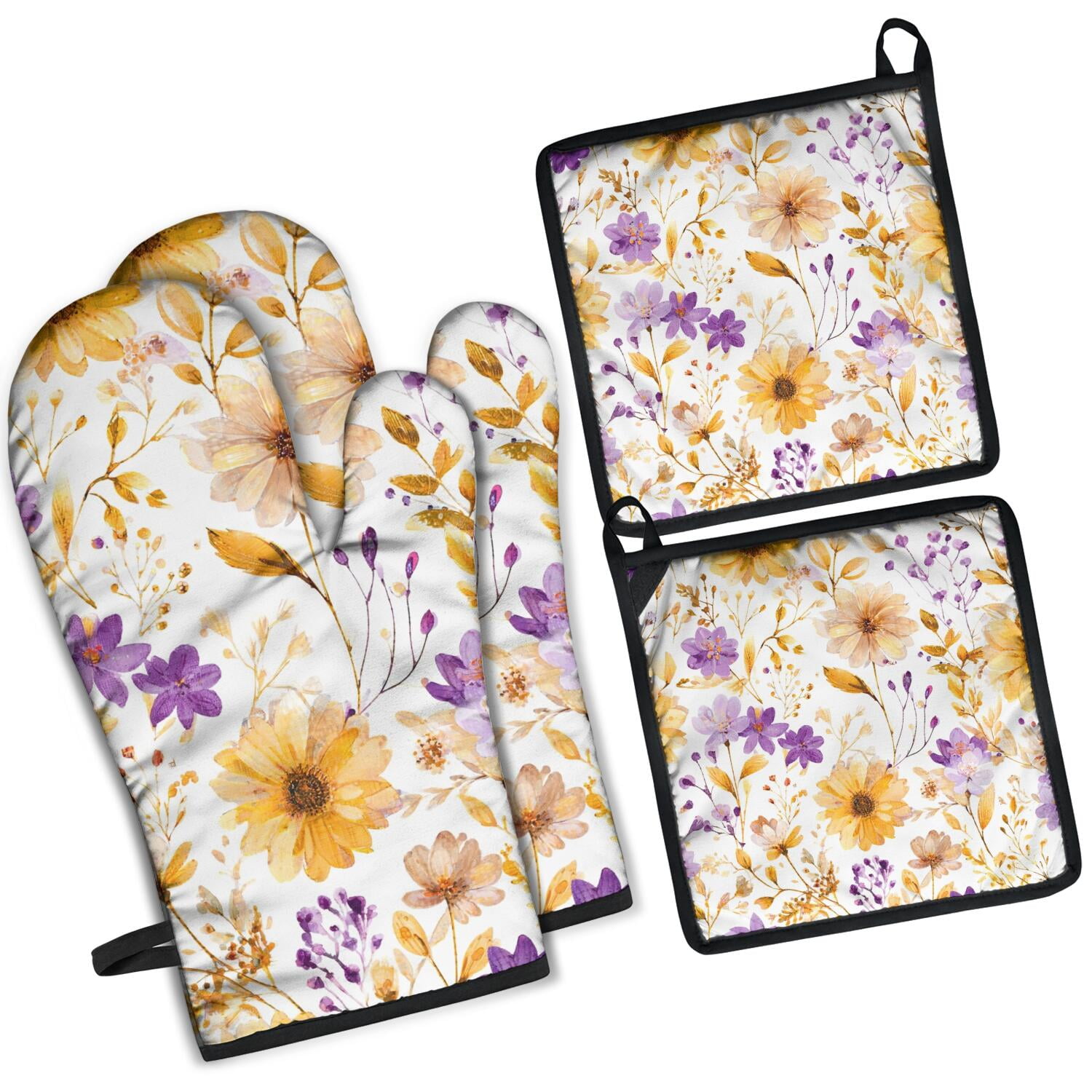 Floral Pattern Oven Mitts and Pot Holders Set Of 4, Heat Resistant Kitchen Gloves with Non-Slip Grip, Hanging Loop, Soft Cotton Lining for Baking, Cooking, Grilling, Barbecue