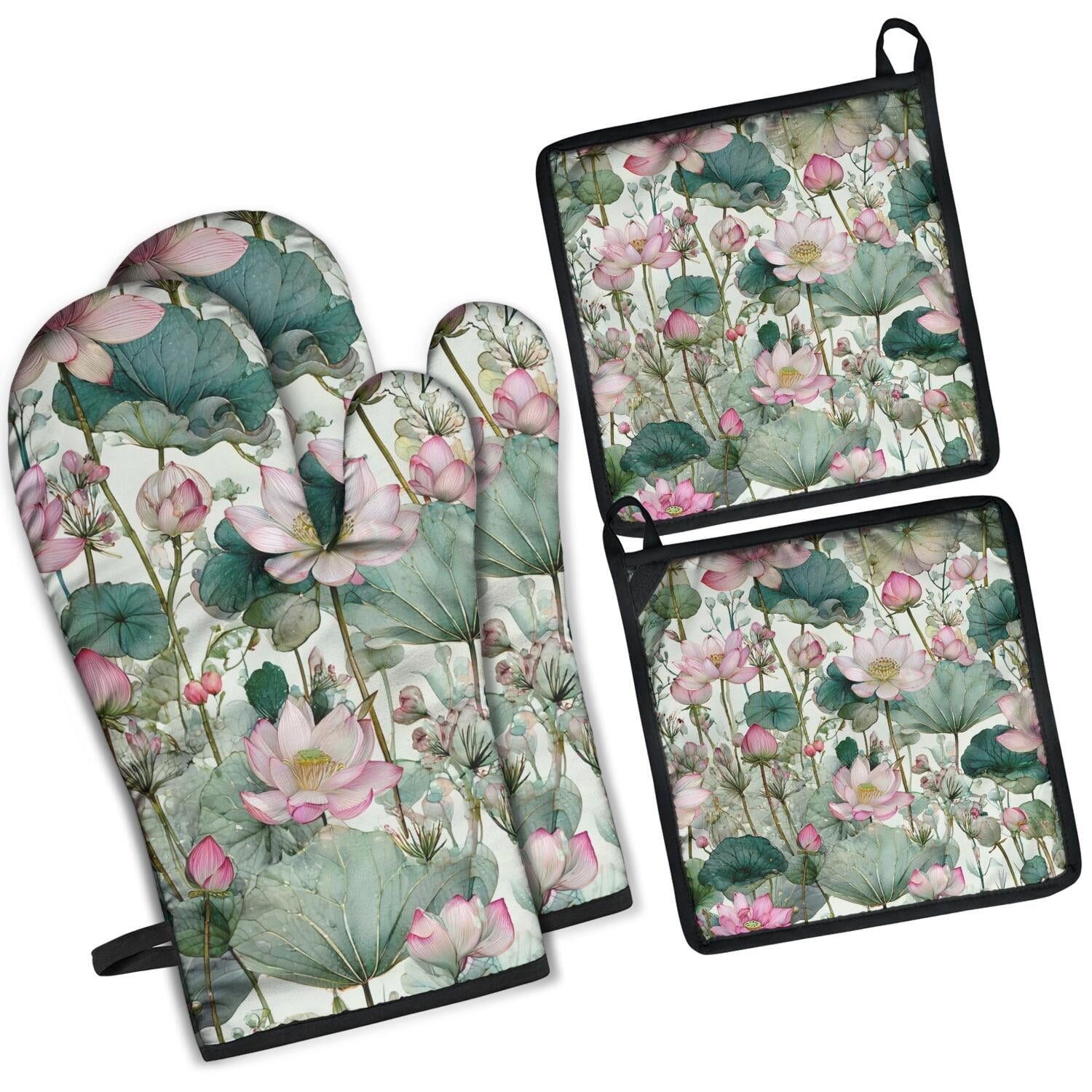 Floral Pattern Oven Mitts and Pot Holders Set Of 4, Heat Resistant Kitchen Gloves with Non-Slip Grip, Hanging Loop, Soft Cotton Lining for Baking, Cooking, Grilling, Barbecue