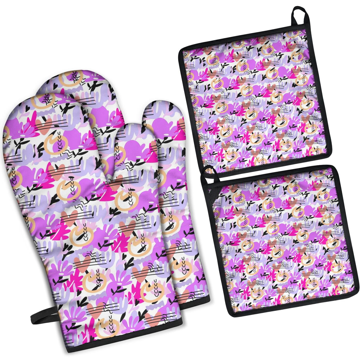 Floral Pattern Oven Mitts and Pot Holders Set Of 4, Heat Resistant Kitchen Gloves with Non-Slip Grip, Hanging Loop, Soft Cotton Lining for Baking, Cooking, Grilling, Barbecue