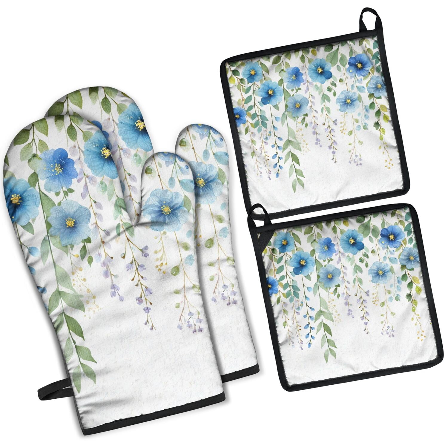 Floral Pattern Oven Mitts and Pot Holders Set Of 4, Heat Resistant Kitchen Gloves with Non-Slip Grip, Hanging Loop, Soft Cotton Lining for Baking, Cooking, Grilling, Barbecue