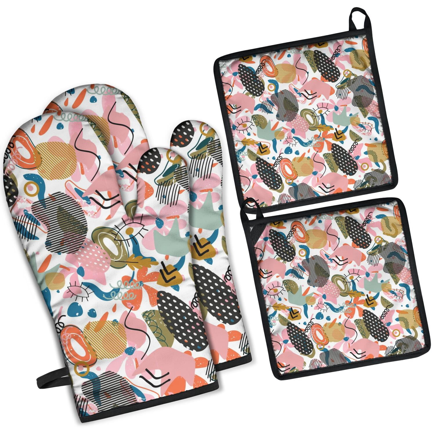 Floral Pattern Oven Mitts and Pot Holders Set Of 4, Heat Resistant Kitchen Gloves with Non-Slip Grip, Hanging Loop, Soft Cotton Lining for Baking, Cooking, Grilling, Barbecue