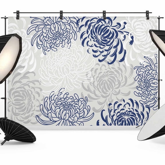 Floral Pattern Photography Backdrop 7x5FT, Outline White Blue Chrysanthemum Graphic Photo Backdrops, Background for Photography Studio Photo Studio Background, Back Drop for Photoshoot