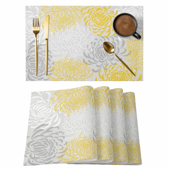 Floral Pattern Placemats Set of 2, Outline White Yellow Chrysanthemum Graphic Non-Slip Place Mats Washable Table Mats for Kitchen Dining Table Decorations Indoor/Outdoor