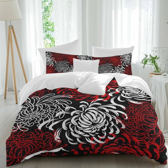 Floral Pattern Queen Size Comforter Set, Outline White Red Chrysanthemum Graphic Bedding for All Seasons, 4 Pcs Bed Set, 1Quiltcover (90"x92") ,1Sheet(94"x116"), 2Pillowcases (30"x20")