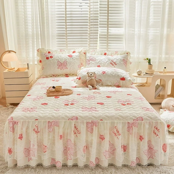 Floral Pattern Quilted Bedding Lace Pure Cotton Bed Skirt Three Piece Set Mattress Protective Cover Anti Slip Bedspread Sheet