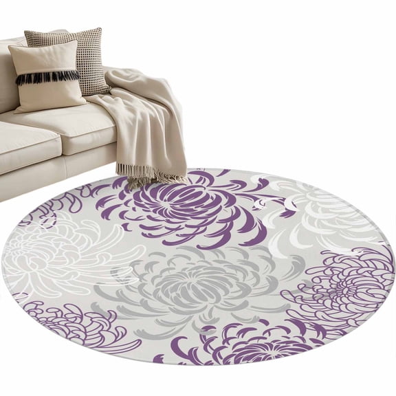Floral Pattern Round Area&nbsp;Rug 3.3ft Outline White Purple Chrysanthemum Graphic Non-Slip&nbsp;Washable Circle Rugs Soft Felt Indoor Floor Mat for Bedroom Kitchen Living Room Bathroom