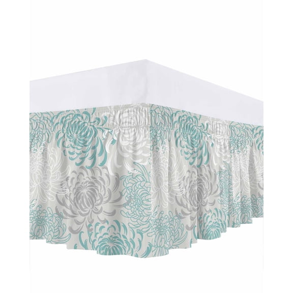 Floral Pattern Ruffle Bed Skirt California King Size Outline White Indigo Chrysanthemum Graphic Adjustable Elastic Dust Bed Skirts Wrap Around Bedskirt Wrinkle Free Easy Fit with 18 Inch Drop