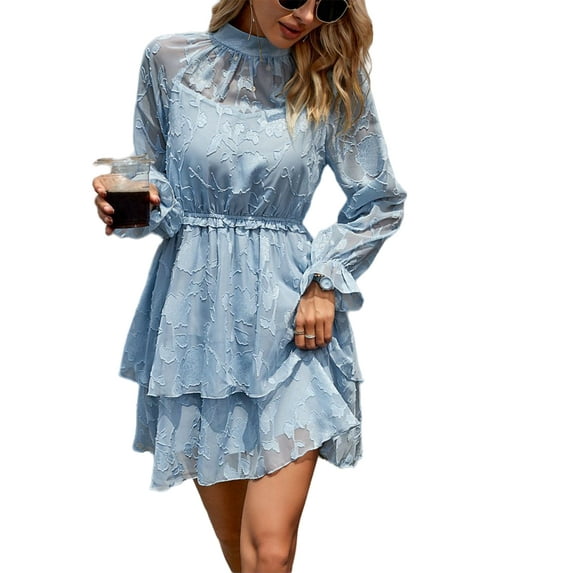 Floral Pattern Ruffle Waist Dress for Women Above Knee Length Blue X-Large