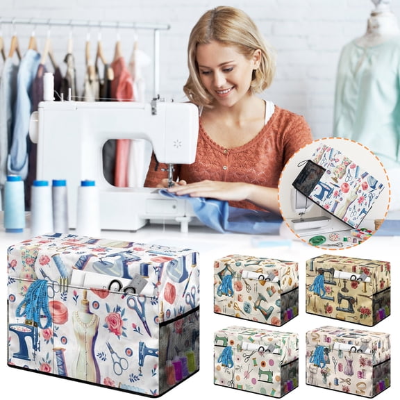 Floral Pattern Sewing Machine Dust Cover, Multifunctional Protective Storage Bag with Pockets, Durable Fabric Cover for Standard Sewing Machines, Easter Household Sewing Accessory, 8.6*12.5*17.7in, B