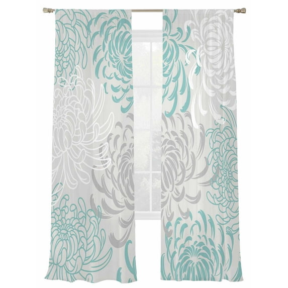Floral Pattern Sheer Curtains 108 Inch Long 2 Panels, Outline White Indigo Chrysanthemum Graphic Light Filtering Rod Pocket Semi Sheer Curtains, Sheer Voile Drapes for Living Room Bedroom, 52"x108"