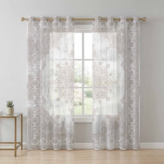 Floral Pattern Sheer Curtains 96 Inch Long 2 Panels, Abstract Charcoal Central Medallion Weathered Border Light Filtering Semi Sheer Drapes Grommet Voile Window Curtain for Living Bedroom W52 x L96
