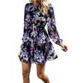 thumbnail image 1 of Floral Pattern Shirred Neck Dress for Women Above Knee Length Black Large, 1 of 1