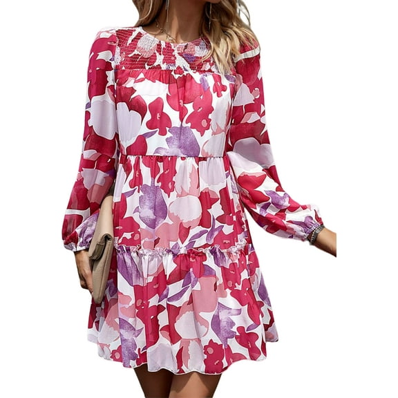 Floral Pattern Shirred Neck Dress for Women Above Knee Length Red Small