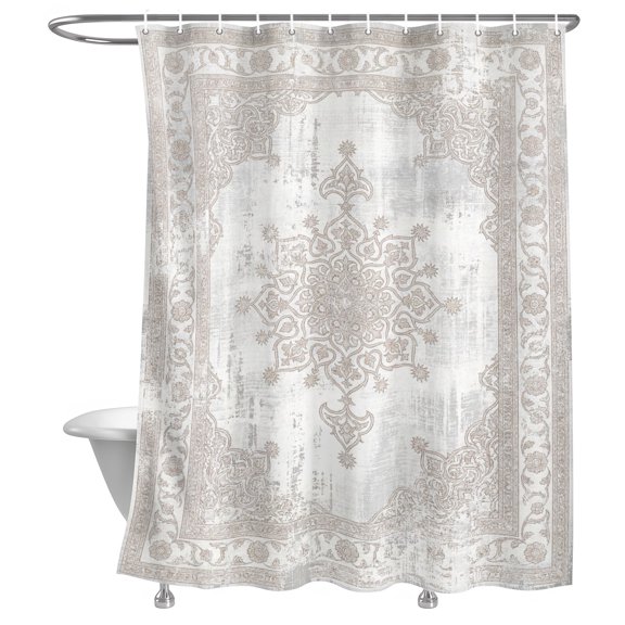 Floral Pattern Shower Curtain, Abstract Charcoal Central Medallion Weathered Border Lightweight Waterproof Fabric Shower Curtain with Rustproof Grommets for Bathroom Bathtub 36x72in