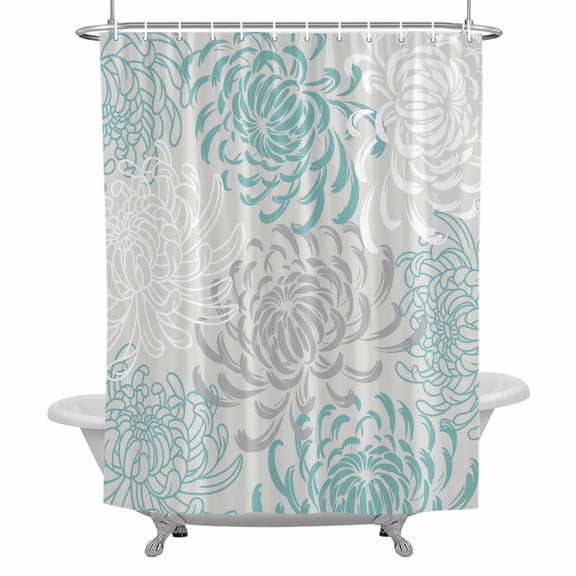 Floral Pattern Shower Curtain for Bathroom, Outline White Indigo Chrysanthemum Graphic Waterproof Cloth Fabric Bathroom Accessories Set with 12 Rust Proof Plastic Hooks, 66"x72"