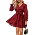 thumbnail image 1 of Floral Pattern Surplice Neck Tie Waist Dress Above Knee Length Burgundy Small, 1 of 1