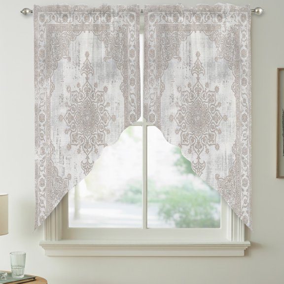 Floral Pattern Swag Kitchen Curtain Valances, Abstract Charcoal Central Medallion Weathered Border Rod Pocket Curtains Window Treatment Valances for Bedroom Bathroom, 2 Panels 28x36 Inch