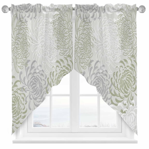Floral Pattern Swag Kitchen Curtain Valances, Outline White Green Chrysanthemum Graphic Rod Pocket Curtains Window Treatment Decor Valances for Bedroom Bathroom, 2 Panels 28 x 36 Inch