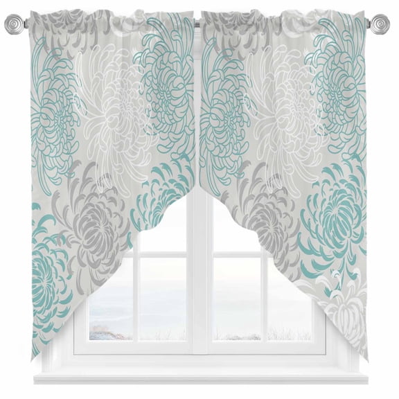 Floral Pattern Swag Kitchen Curtain Valances, Outline White Indigo Chrysanthemum Graphic Rod Pocket Curtains Window Treatment Decor Valances for Bedroom Bathroom, 2 Panels 36 x 36 Inch