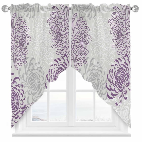 Floral Pattern Swag Kitchen Curtain Valances, Outline White Purple Chrysanthemum Graphic Rod Pocket Curtains Window Treatment Decor Valances for Bedroom Bathroom, 2 Panels 36 x 36 Inch