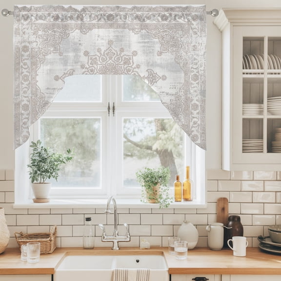 Floral Pattern Swag Valance for Windows, Abstract Charcoal Central Medallion Weathered Border Swag Curtains Valances for Small Window Treatment Rod Pocket for Kitchen Bathroom 1 Panel 56x36in