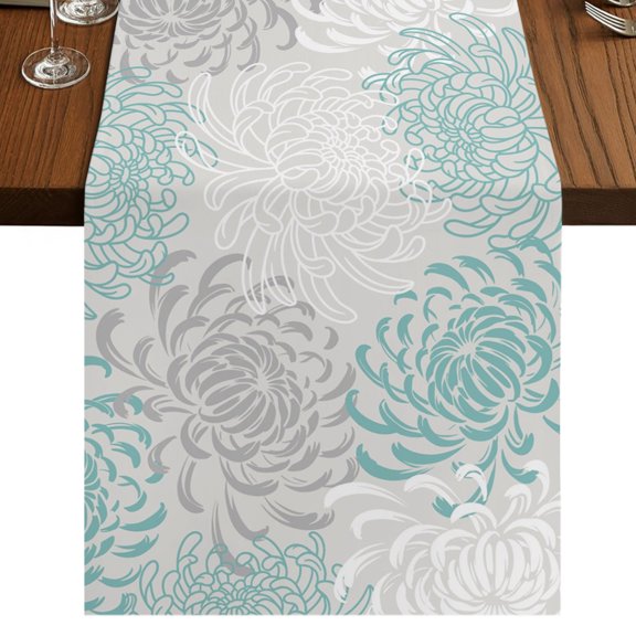 Floral Pattern Table Runner 36 Inches Long, Outline White Indigo Chrysanthemum Graphic Cotton Linen Dining Table Runner Dresser Scarves for Home Kitchen Party Decor 13"x36"