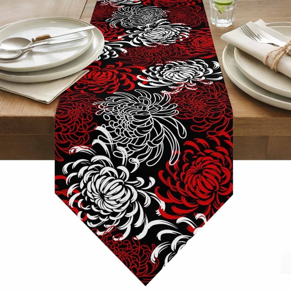 Floral Pattern Table Runner 48 Inches Long Outline White Red Chrysanthemum Graphic Table Runners for Dining Room Tabletop Dresser Scarf Home Party Banquet Wedding Holiday Decoration