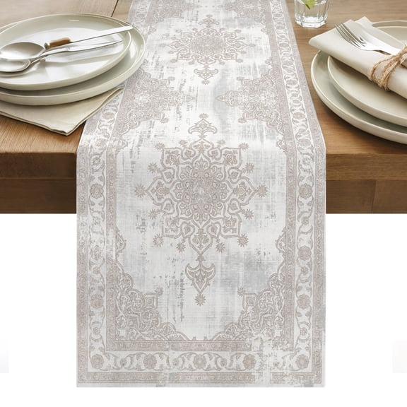 Floral Pattern Table Runner, Abstract Charcoal Central Medallion Weathered Border Washable Kitchen Table Runners for Dining Table Decorations Party/Restaurant/Indoor Outdoor Use, 13x36in