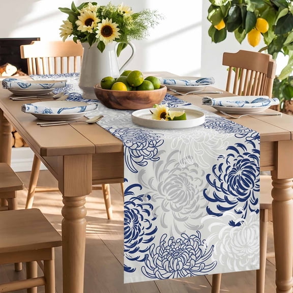 Floral Pattern Table Runner, Outline White Blue Chrysanthemum Graphic Washable Kitchen Table Runners Dress Scarves for Dining Table Decorations Party/Restaurant/Indoor Outdoor Use, 13x36in