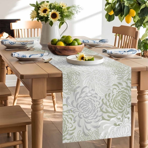 Floral Pattern Table Runner, Outline White Green Chrysanthemum Graphic Washable Kitchen Table Runners Dress Scarves for Dining Table Decorations Party/Restaurant/Indoor Outdoor Use, 13x48in