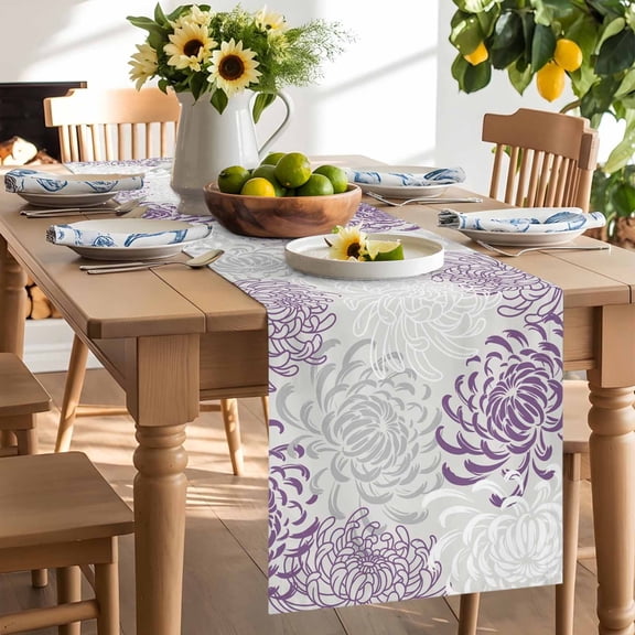 Floral Pattern Table Runner, Outline White Purple Chrysanthemum Graphic Washable Kitchen Table Runners Dress Scarves for Dining Table Decorations Party/Restaurant/Indoor Outdoor Use, 13x36in
