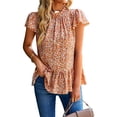 thumbnail image 1 of Floral Pattern Tee Round Neck Pleated Collar Short Ruffle Sleeve Casual Stylish T Shirt Orange L, 1 of 6