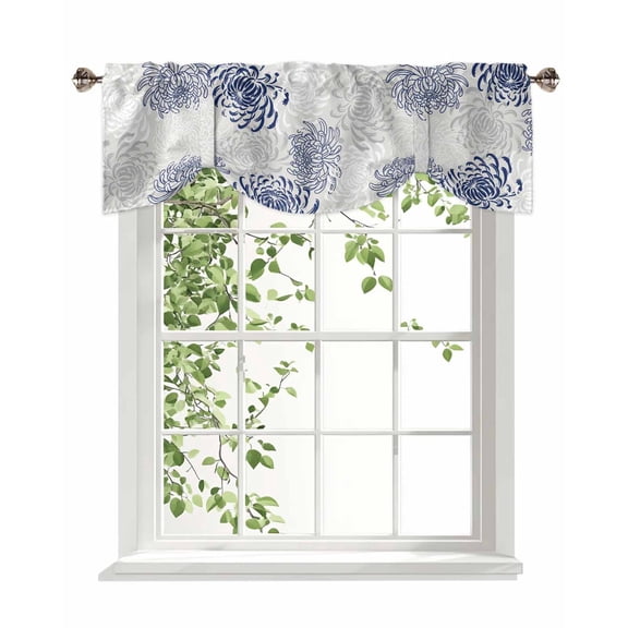 Floral Pattern Tie Up Valances Curtain, Adjustable Kitchen Outline White Blue Chrysanthemum Graphic Valances for Windows Decor, Rod Pocket Short Curtains Set for Bedroom/Bathroom, 60"x18"
