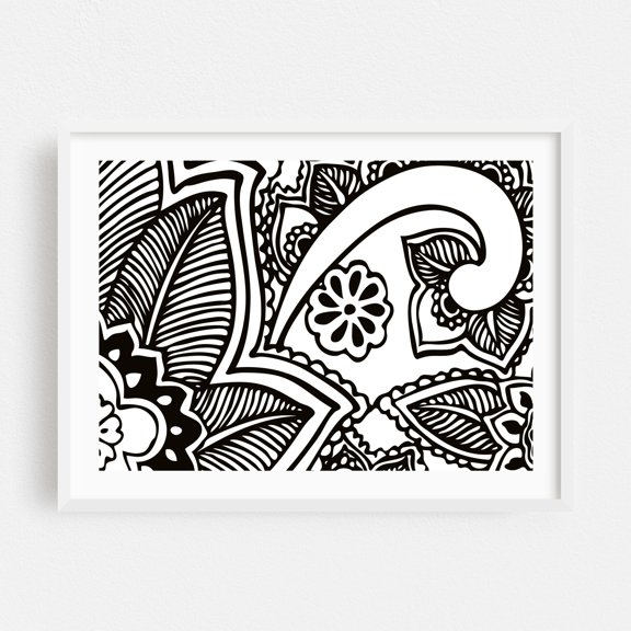 Floral Pattern | Tropical Flowers | Black and White - Digital Art Pattern Black and White Floral Abstract Line Art Geometric Modern Art White Framed Wall Art Print 12 x 16 inches