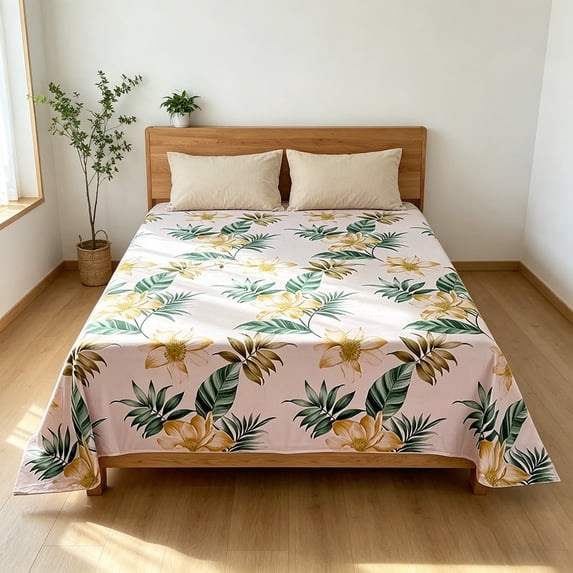 Floral Pattern Tropical forest Flat Sheet, Soft Washed Microfiber Bedding, Easy Care, XL, 91x98 Inch