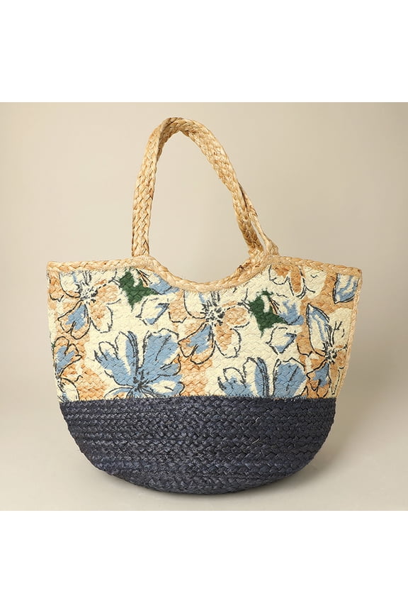 Floral Pattern Two Tone Woven Straw Shoulder Bag / Tote Bag