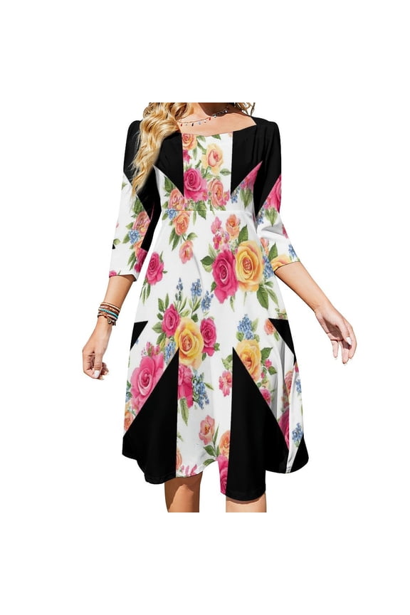 Floral Pattern Union Jack-1 Women's Fall Dresses Casual Loose Flowy Swing Shift Dress