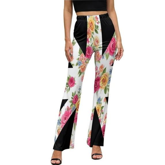 Floral Pattern Union Jack High Waisted Casual Flared Trousers Summer Home Pants Gift Street Fashion Night Club Big Size Trousers