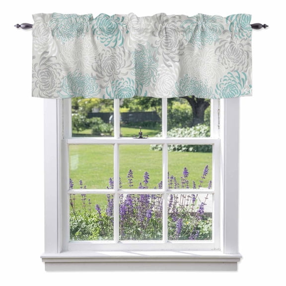 Floral Pattern Valance Curtain Outline White Indigo Chrysanthemum Graphic Window Valances Rod Pocket Short Curtains Window Treatments for Kitchen Bedroom Bathroom Laundry 42" x 12"