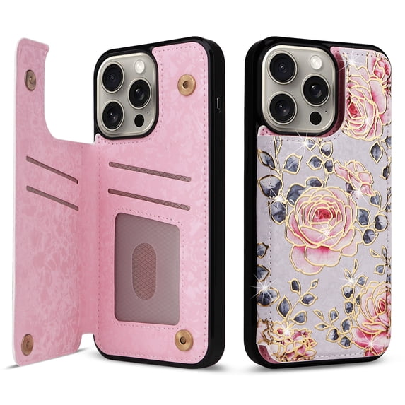Floral Pattern Wallet Case for iPhone 14 Pro with RFID Blocking Card Holder, Colorful Flower Pattern PU Leather Stand Flip Case for Women Girls, Magnetic Clasp Shockproof Phone Cover, Rose