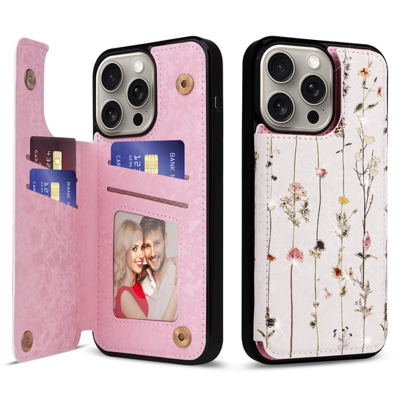 Floral Pattern Wallet Case for iPhone 15 with Card Holder, Colorful Flower Pattern PU Leather Stand Flip Case for Women Girls, RFID Blocking Magnetic Clasp Shockproof Phone Cover, Dried Flower