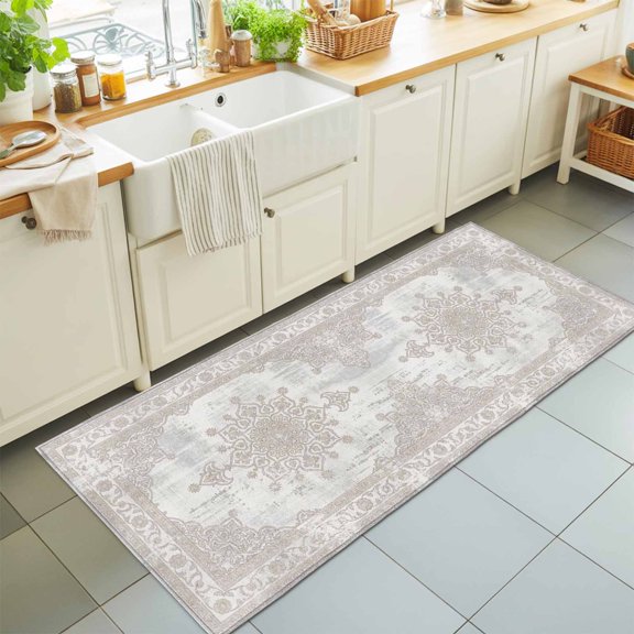 Floral Pattern Washable Runner Rugs 2'x6', Abstract Charcoal Central Medallion Weathered Border Washable Runner Rug Non-Slip Sturdy Edge Binding Carpet for Bedside Hallway Runner Kitchen Galley