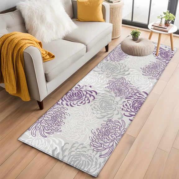 Floral Pattern Washable Runner Rugs 2'x6', Outline White Purple Chrysanthemum Graphic Low Pile Throw Entryway Rug Non-Slip Sturdy Edge Binding Carpet for Indoor Bedside Entrance Bedside