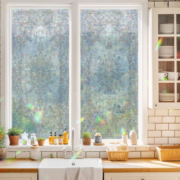 Floral Pattern Window Privacy Film Abstract Charcoal Central Medallion Weathered Border Static Cling Stained Glass Window Film Non-Adhesive Decorative Decals Rainbow Sticker 17.7"X39.3"
