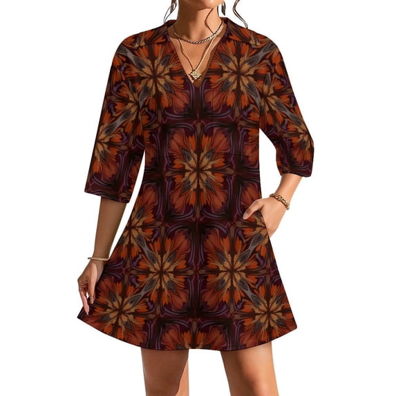Floral Pattern in Autumn Colors Womens Dress With Pockets Summer V Neck 3/4 Sleeve Dress Plus Size Loose Dress