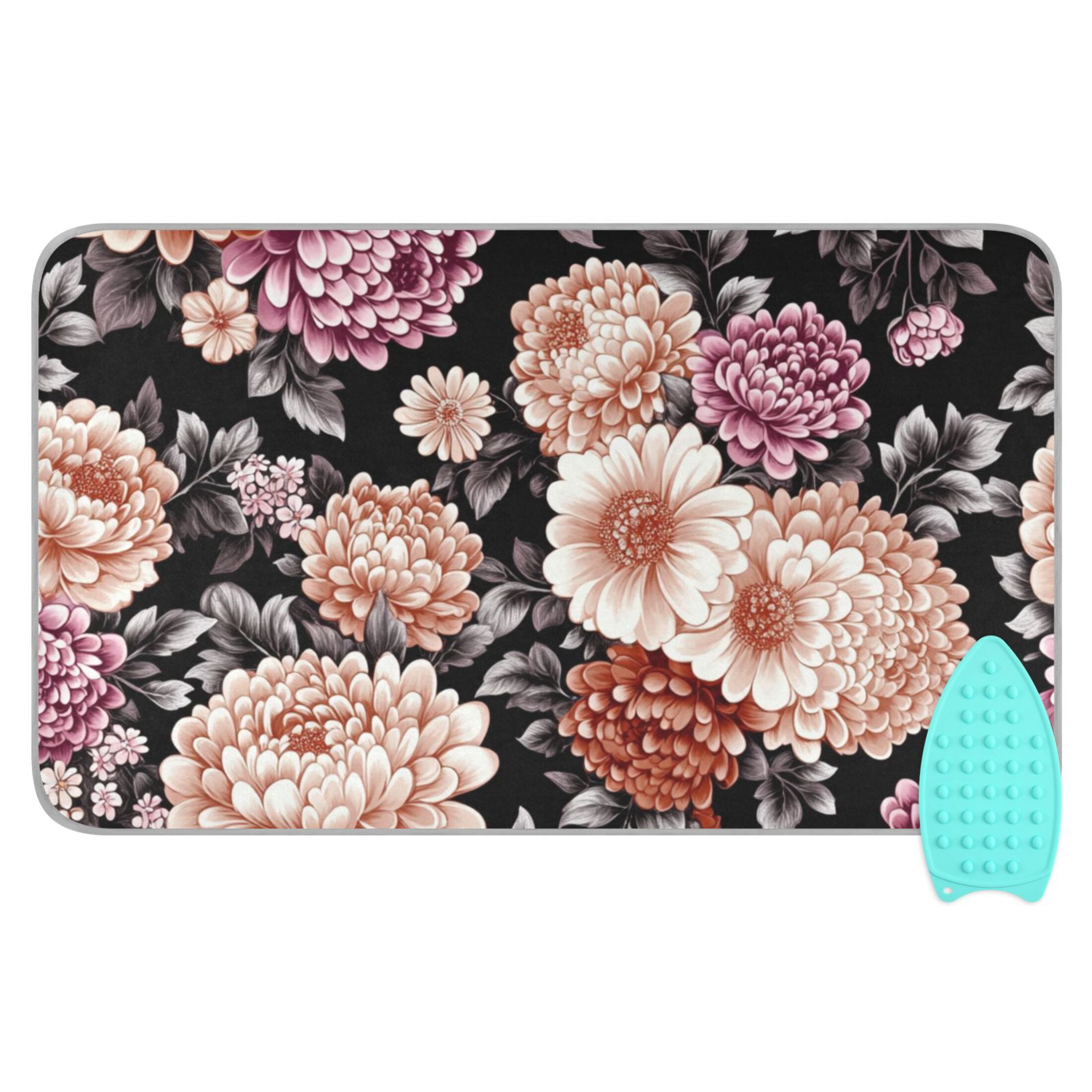 Floral Pattern on Black Ironing Mat Blanket for Table Top Travel Portable Ironing Board Pad 47.2x27.6 Inch