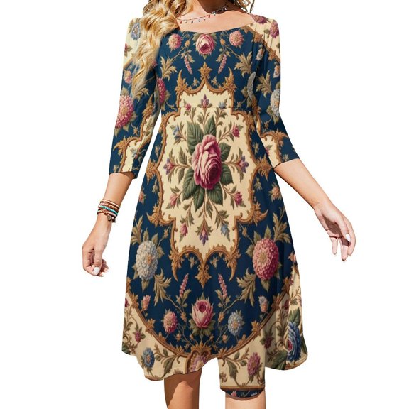 Floral Pattern on Dark Blue Background Flare Dress Square Neck Dress Elegant Female Fashion Printed Dress