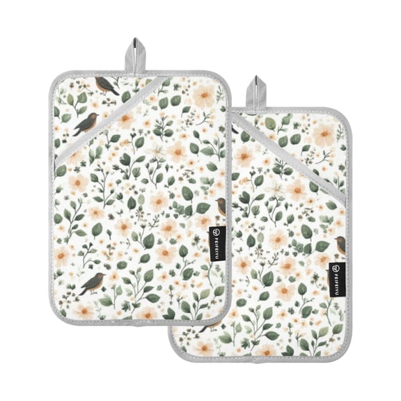 Floral Pattern with Birds Oven Mitts Pot Holders 2 pcs Heat Resistant for Kitchen Baking Grilling