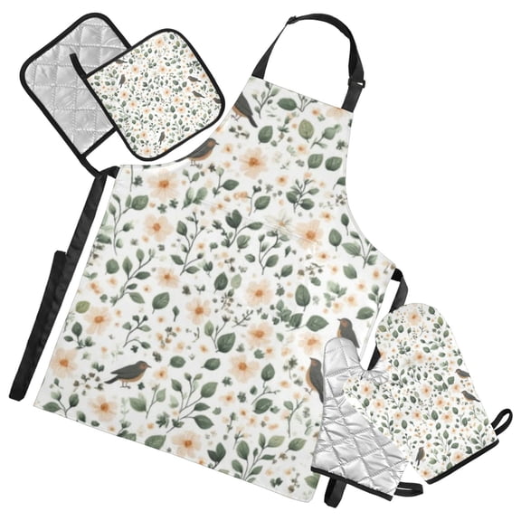 Floral Pattern with Birds Oven Mitts and Pot Holders with Chef Apron Set 5 Pcs Kitchen Cooking Set