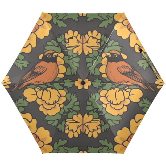 Floral Pattern with Birds Umbrellas for Sun Auto Open Close UV50+ Waterproof 5-Fold Compact Fiberglass Frame
